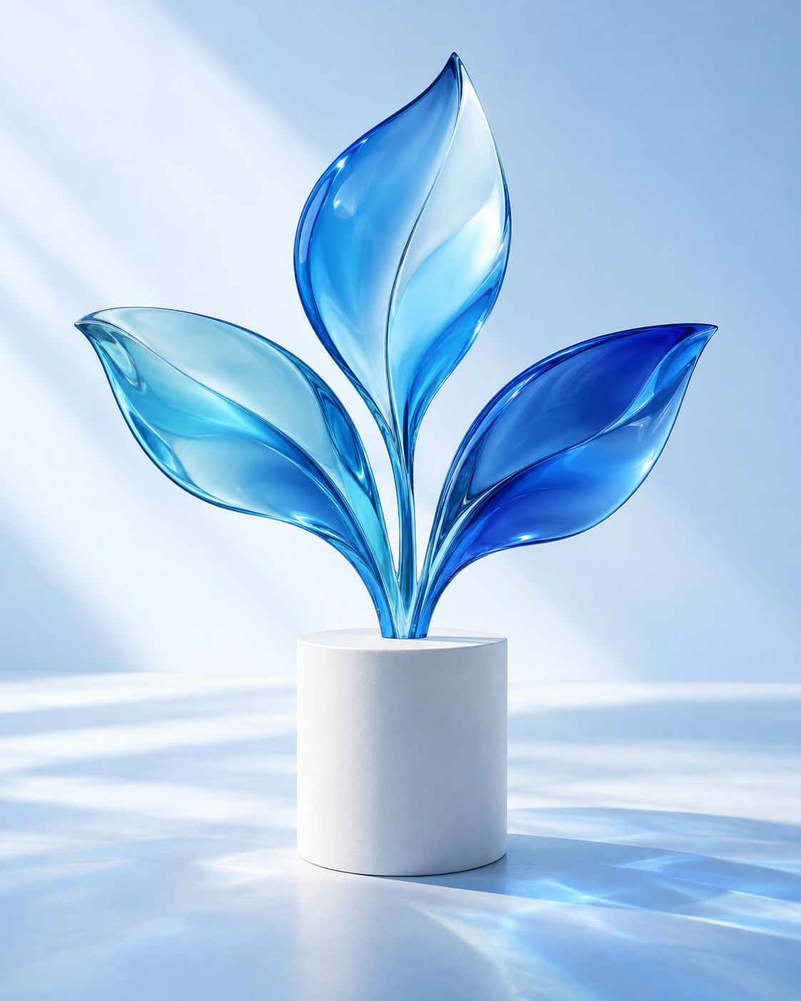 Escultura de hojas de vidrio azul que representa el crecimiento.